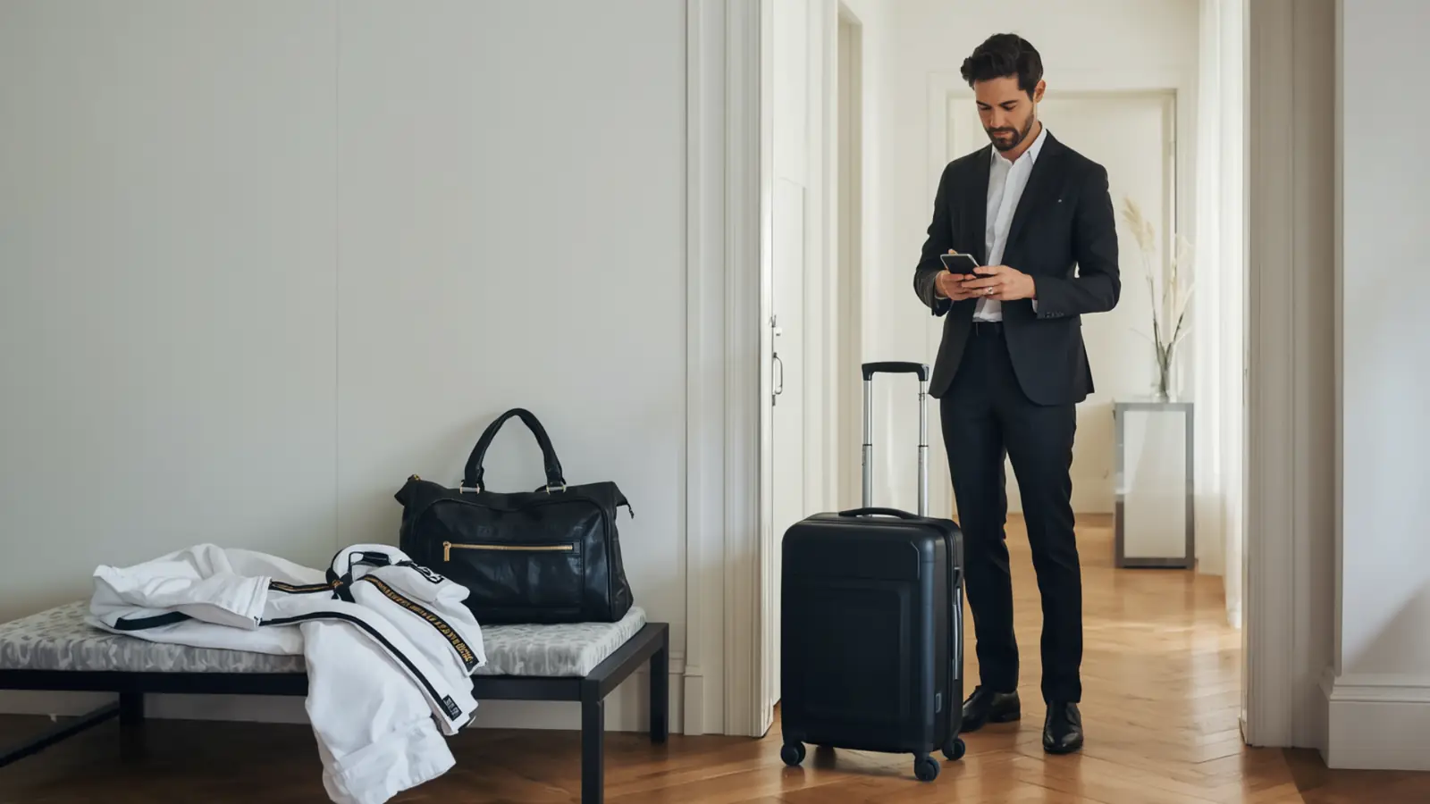 A traveller in a suit checks his phone beside his suitcase, his gi on the bench behind him